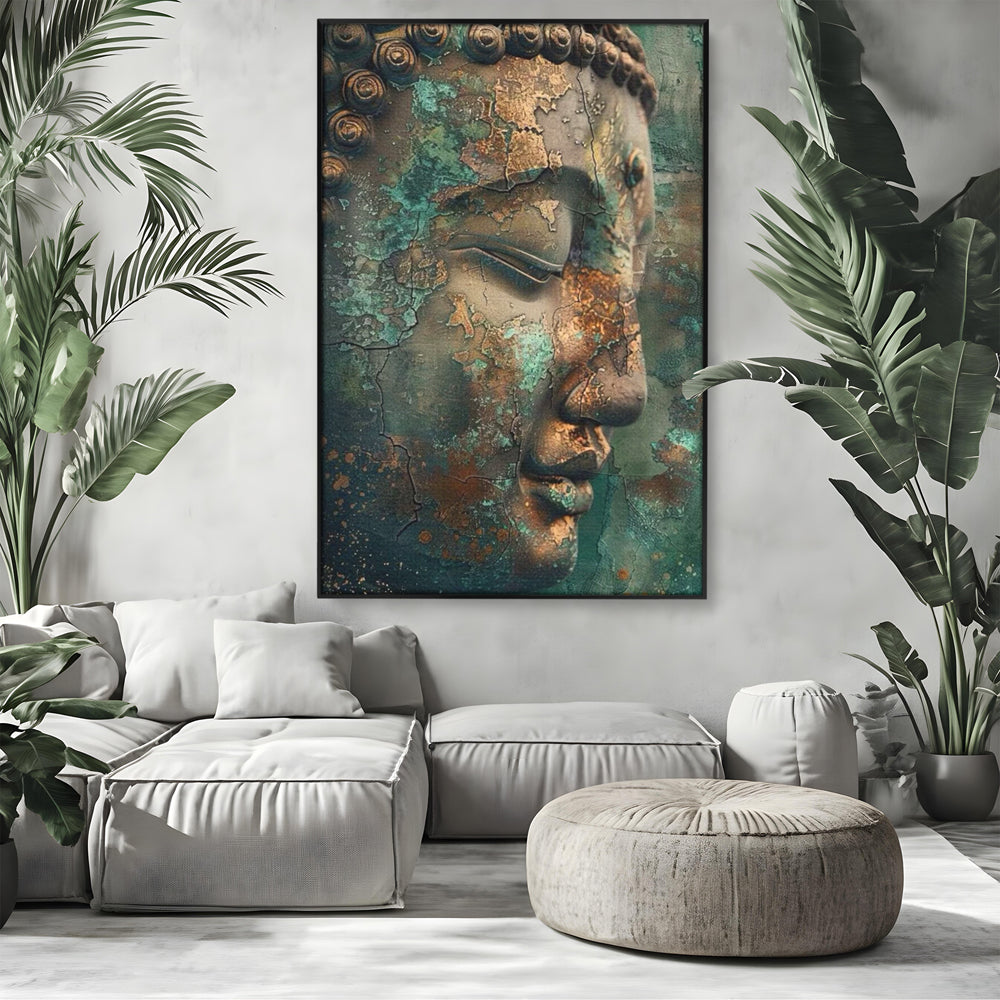 Tablou canvas cu tablou canvas cu profil de buddha, in rama de aluminiu negru, pe perete intr-un living